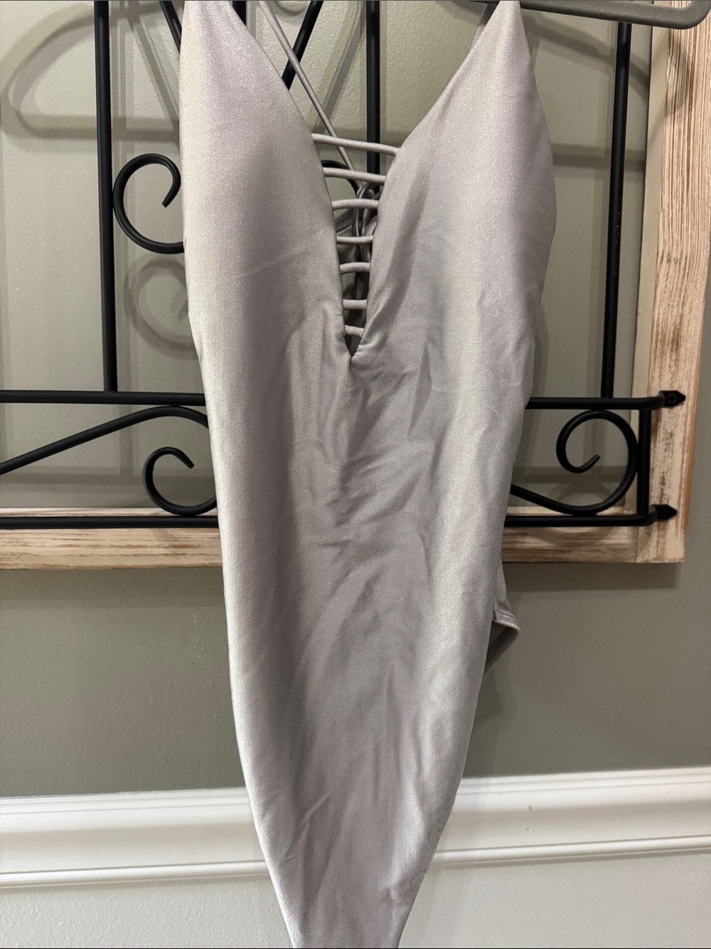 Gossip Silver Metallic Lace-Up Plunge Mini Dress medium swim resort summer